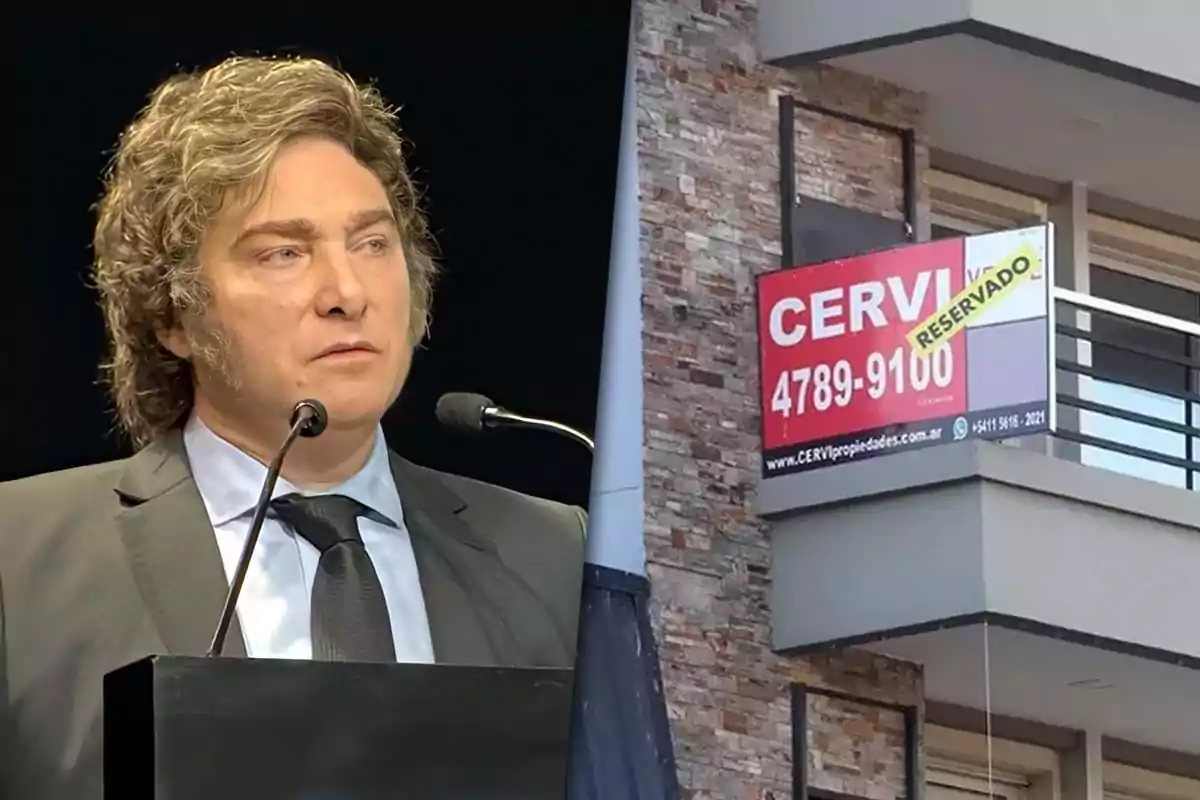 Javier Milei y una imagen de un edificio en CABA con un cartel de venta "Reservado"