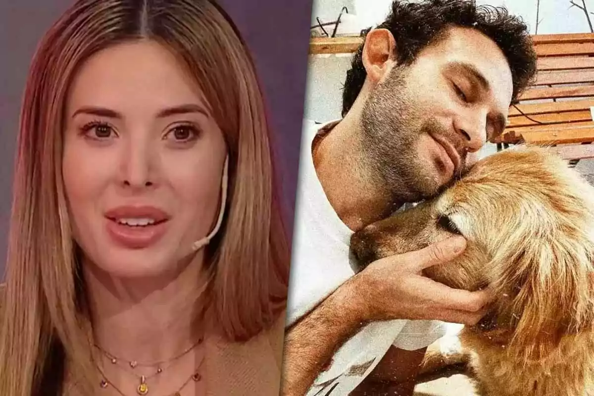Una mujer con cabello largo y lacio habla mientras lleva un micrófono en la oreja y un hombre con barba acaricia a un perro de pelaje dorado.