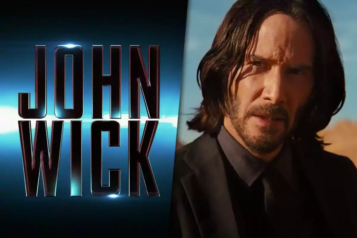 Image split into two parts: on the left, the text "John Wick" in large letters; on the right, a man with long hair and a beard, with a serious expression, wearing a dark suit and a blue sky background.