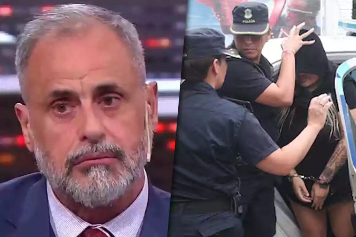 Jorge Rial a la izquierda y Morena Rial encapuchada deteniada acompañada por dos policías.