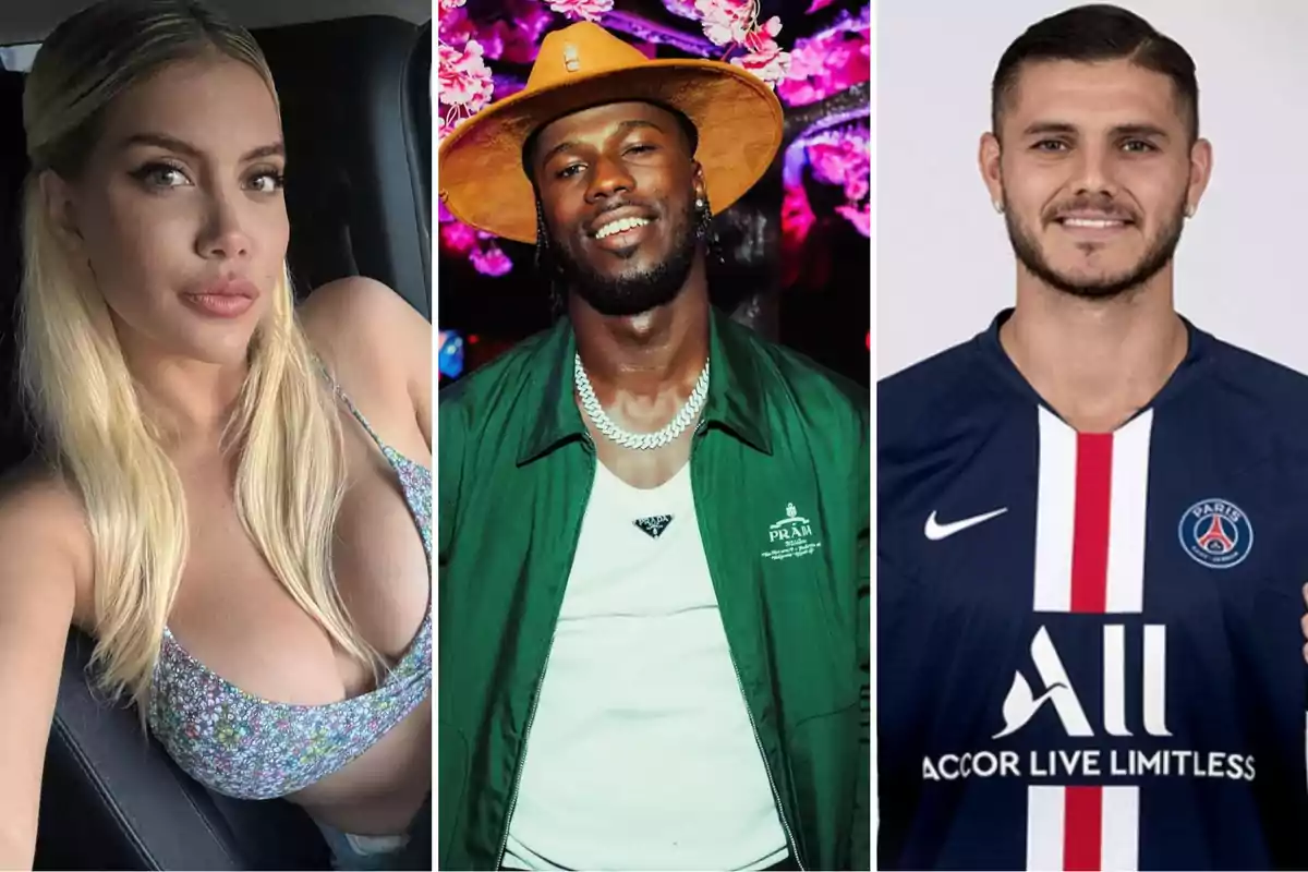 Tres personas posando en diferentes contextos, una mujer con cabello rubio, un hombre con sombrero y chaqueta verde, y otro hombre con camiseta de fútbol del PSG.