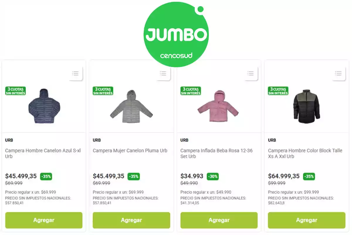 Four jackets in different colors and sizes on sale at Jumbo’s online store with the brand’s green logo on the upper part. Four jackets in different colors and sizes on sale at Jumbo’s online store with the brand’s green logo on the upper part.