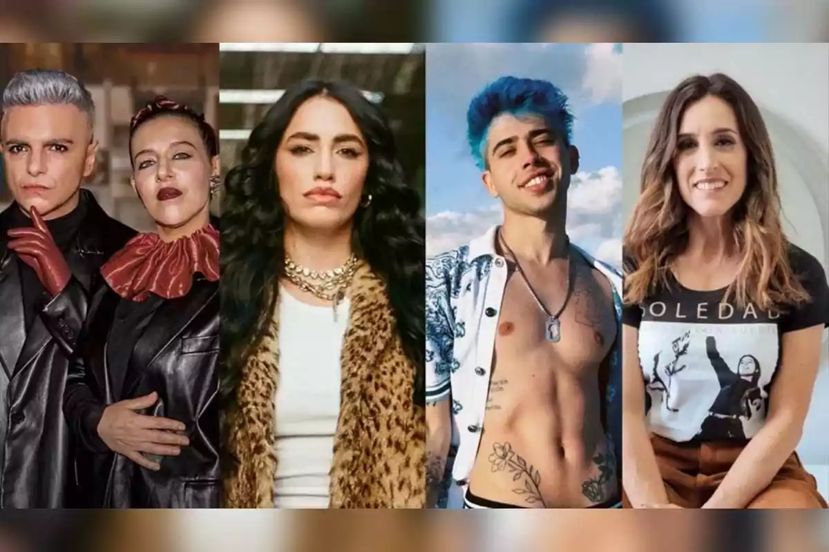 Cinco personas posando en diferentes estilos y fondos, algunas con ropa llamativa y otras con atuendos casuales Cinco personas posando en diferentes estilos y fondos, algunas con ropa llamativa y otras con atuendos casuales