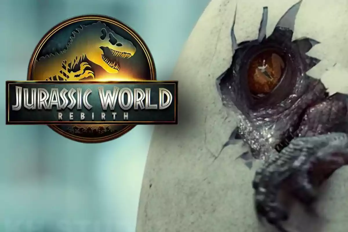 Logo de "Jurassic World Rebirth" junto a un dinosaurio saliendo de un huevo roto, parte de Jurassic World Rebirth.