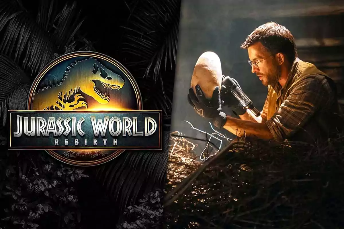 A man with gloves holds a large egg in a nest next to the Jurassic World Rebirth logo.