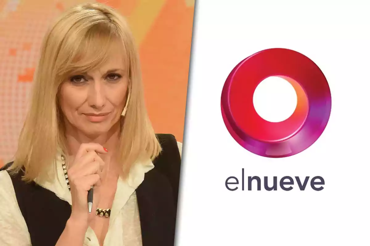 Una persona rubia con un micrófono en la mano junto al logotipo de un canal de televisión llamado "elnueve".
