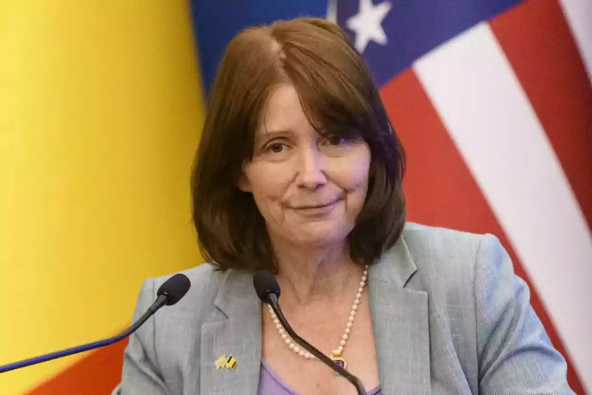 A woman with brown hair and a gray jacket speaks in front of microphones with flags in the background. A woman with brown hair and a gray jacket speaks in front of microphones with flags in the background.