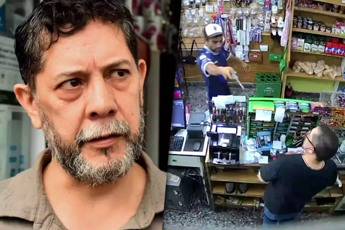 Un hombre con barba mira hacia un lado mientras en otra imagen se observa un incidente en una tienda donde una persona apunta con un objeto a otra detrás del mostrador.