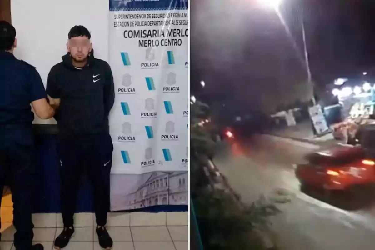 A man with his eyes covered is being escorted by a police officer in front of a Merlo Centro police station sign, while on the right there is a nighttime image of a street with a moving car.