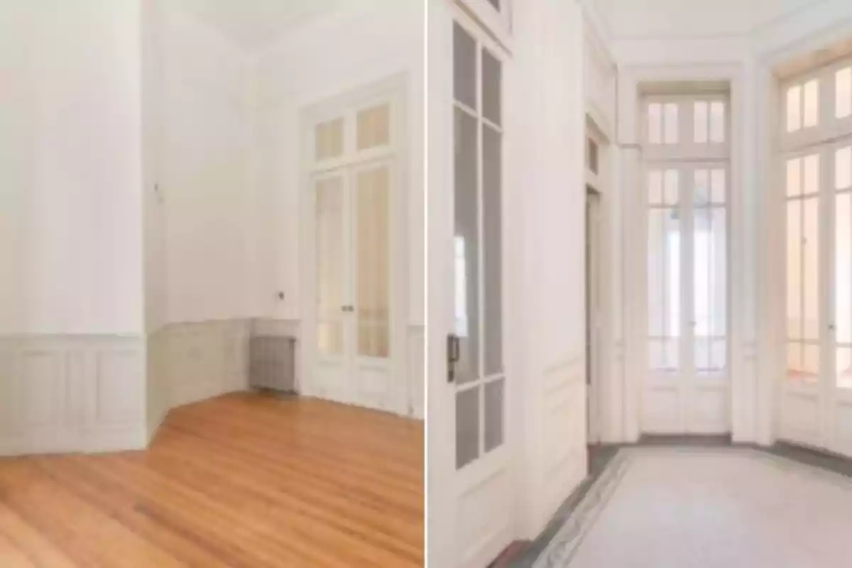 Dos habitaciones amplias y luminosas con paredes blancas, grandes ventanales y puertas de vidrio, una con piso de madera y la otra con piso de mosaico. Dos habitaciones amplias y luminosas con paredes blancas, grandes ventanales y puertas de vidrio, una con piso de madera y la otra con piso de mosaico.