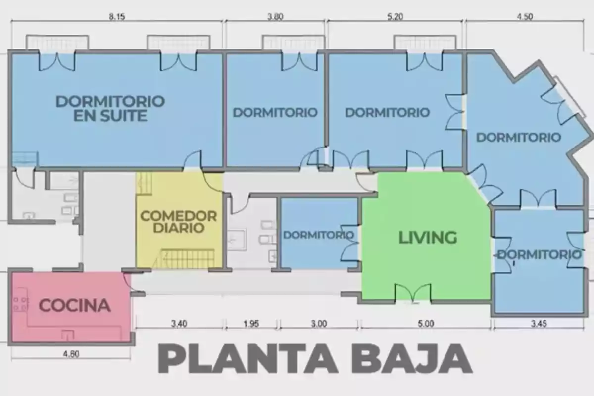 Plano arquitectónico de una casa con varias habitaciones, incluyendo dormitorios, cocina, comedor diario y living, cada espacio identificado con diferentes colores Plano arquitectónico de una casa con varias habitaciones, incluyendo dormitorios, cocina, comedor diario y living, cada espacio identificado con diferentes colores