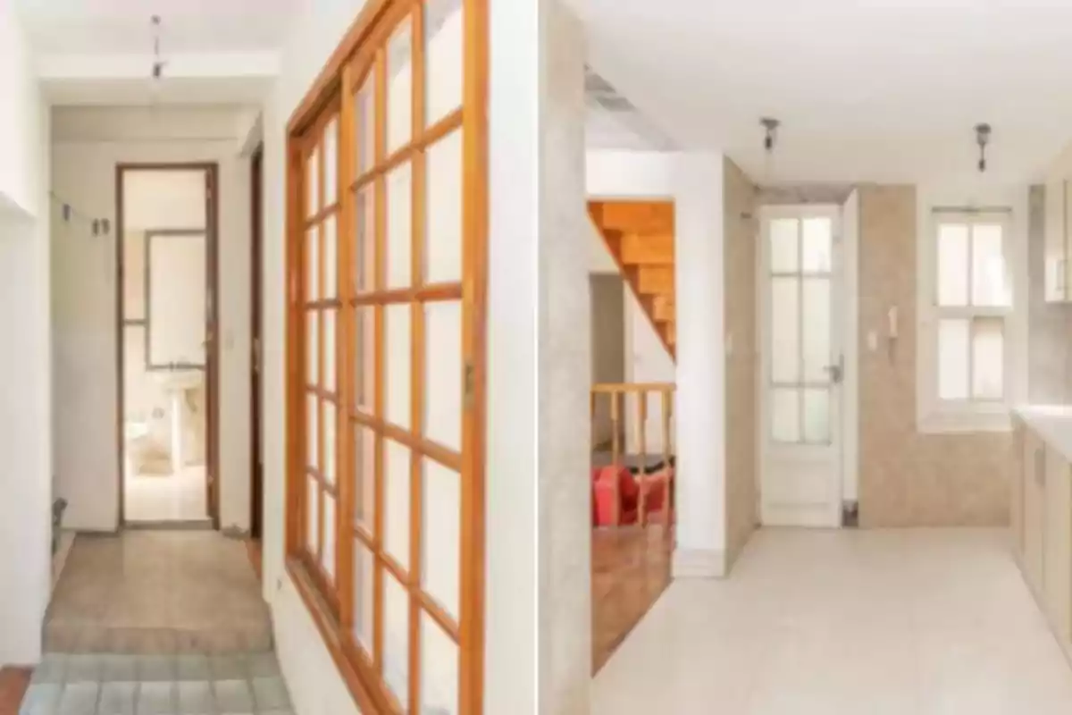 Interior de una casa con paredes blancas, puertas de madera y vidrio, piso de cerámica y una escalera al fondo Interior de una casa con paredes blancas, puertas de madera y vidrio, piso de cerámica y una escalera al fondo