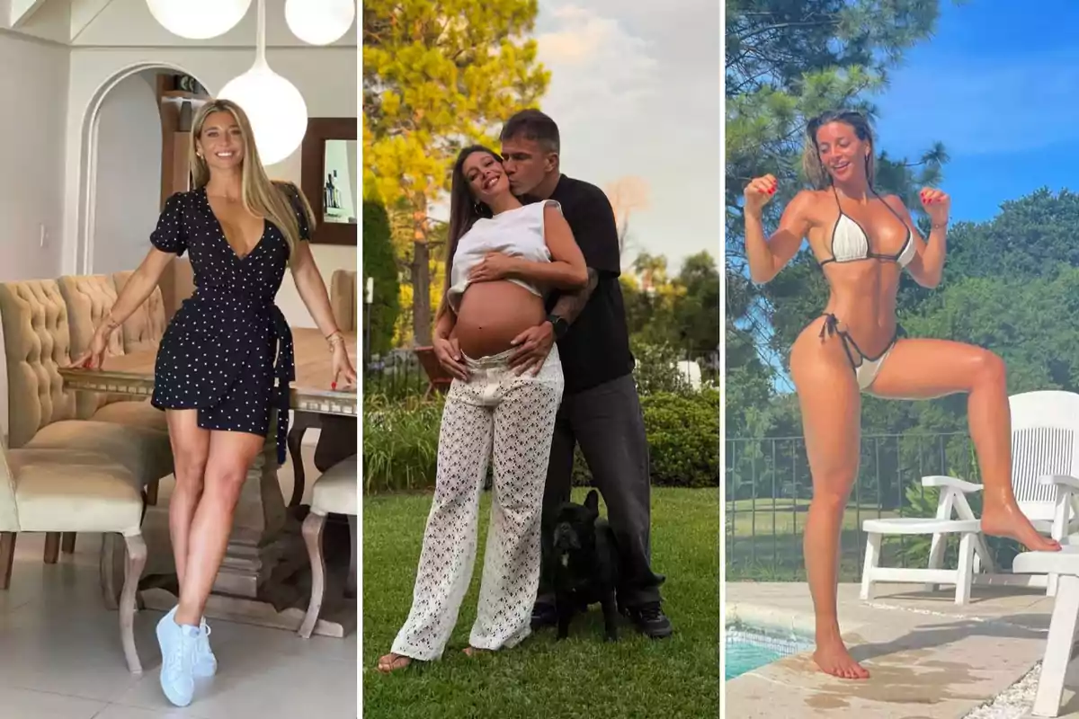 Tres imágenes muestran a personas en diferentes situaciones: una mujer con un vestido negro de lunares posando en una sala, una pareja en un jardín con la mujer embarazada y un perro, y una mujer en bikini posando junto a una piscina. Tres imágenes muestran a personas en diferentes situaciones: una mujer con un vestido negro de lunares posando en una sala, una pareja en un jardín con la mujer embarazada y un perro, y una mujer en bikini posando junto a una piscina.