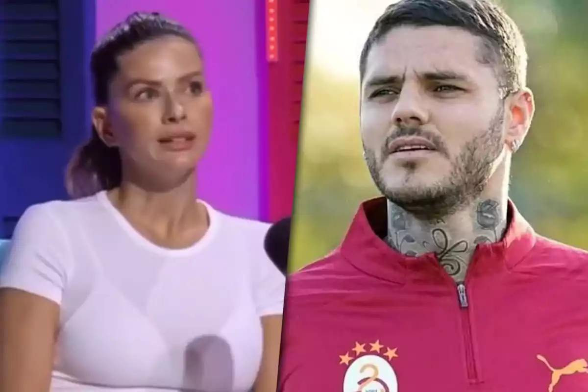 Una mujer con camiseta blanca está en un entorno de estudio con luces de colores y un hombre con chaqueta deportiva roja y tatuajes en el cuello está al aire libre.