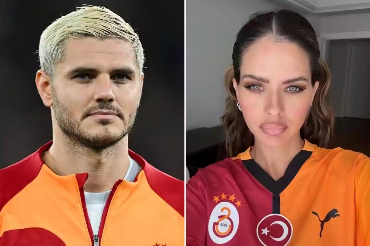 Mauro Icardi y la China Suárez con camisetas del Galatasaray posan para la cámara.