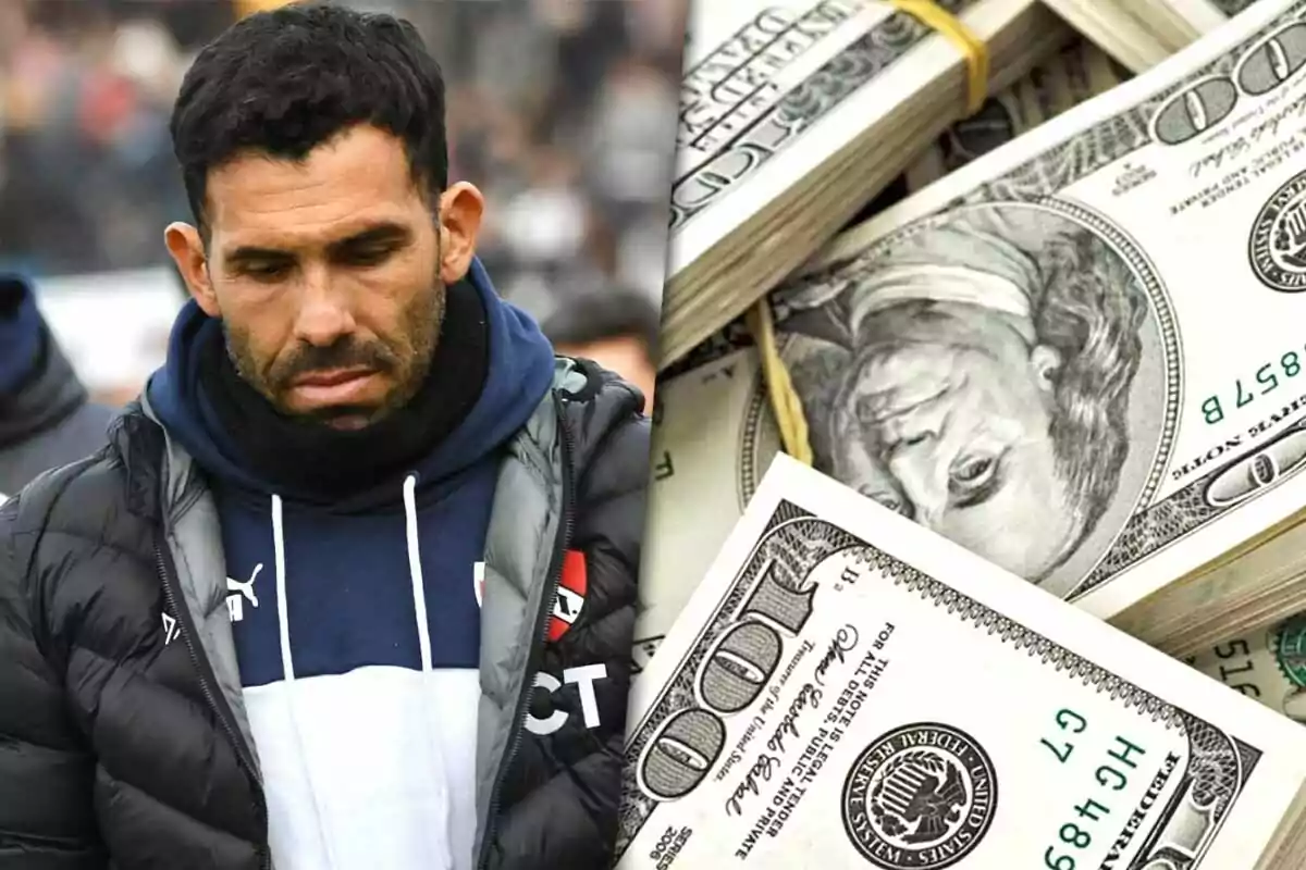 Carlos Tevez con expresión seria junto a una imagen de billetes de cien dólares.