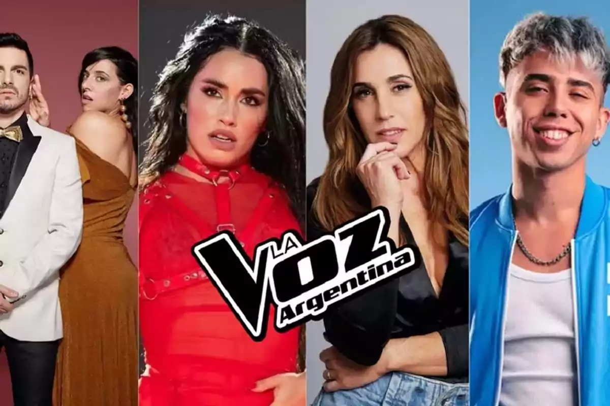 Cuatro personas posan en diferentes fondos de colores con el logo de La Voz Argentina en el centro Cuatro personas posan en diferentes fondos de colores con el logo de La Voz Argentina en el centro
