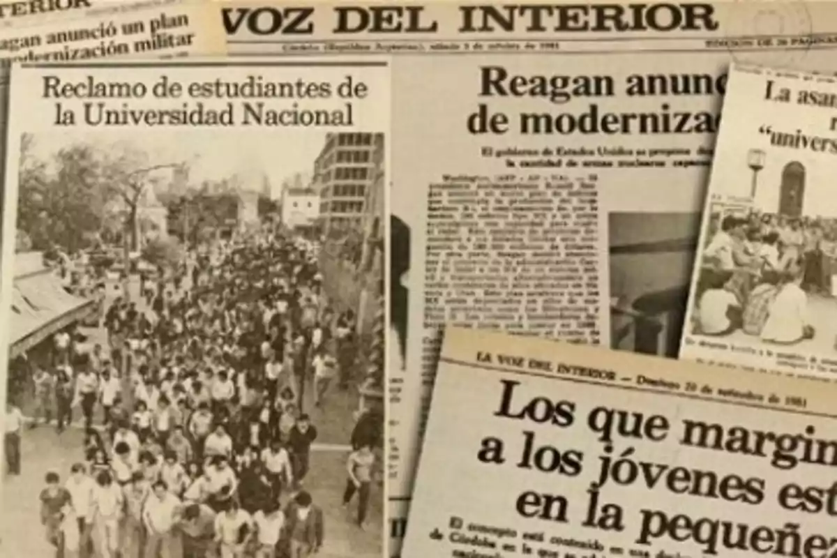 Portada de un periódico antiguo con titulares sobre protestas estudiantiles, política internacional y temas sociales, acompañados de fotografías en blanco y negro de manifestaciones y reuniones. Portada de un periódico antiguo con titulares sobre protestas estudiantiles, política internacional y temas sociales, acompañados de fotografías en blanco y negro de manifestaciones y reuniones.