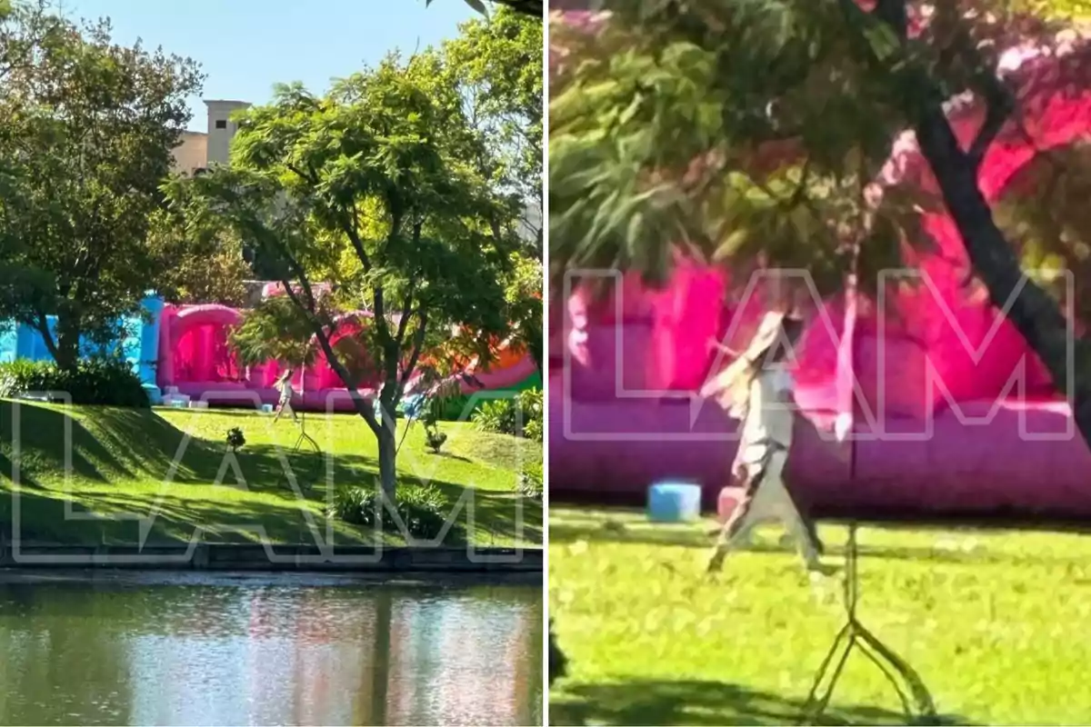 A park with brightly colored inflatable structures surrounded by trees and grass, with a person walking nearby. A park with brightly colored inflatable structures surrounded by trees and grass, with a person walking nearby.