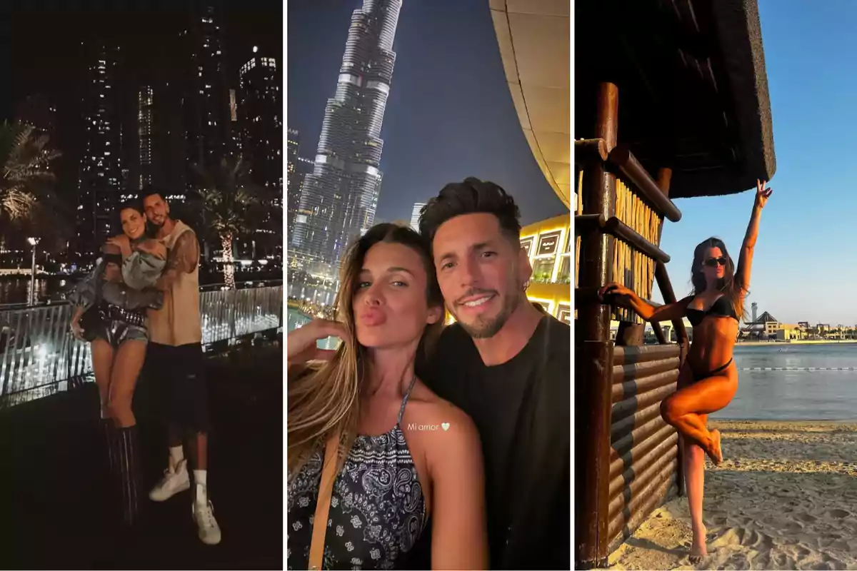 Una pareja posando en diferentes lugares turísticos, incluyendo una ciudad iluminada de noche, frente a un rascacielos y en una playa.