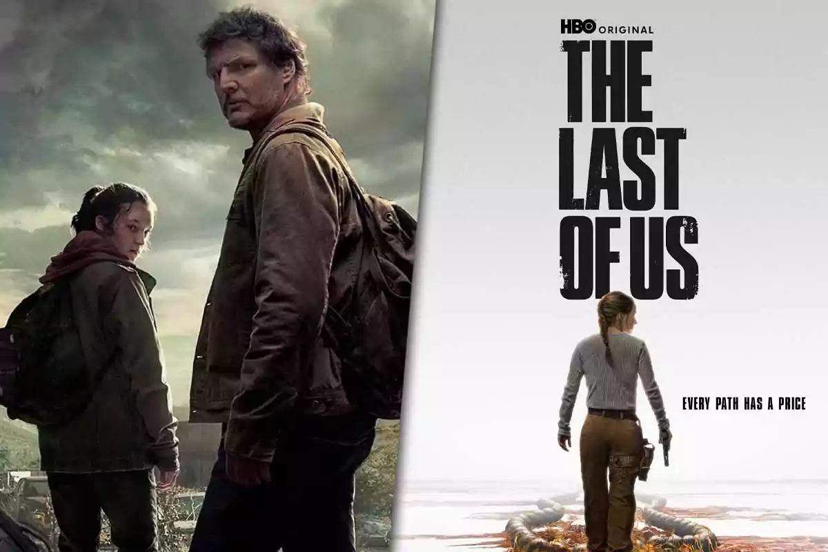 Two promotional images from HBO's series "The Last of Us," one shows two characters in a post-apocalyptic setting and the other features the series title with a figure from behind holding a weapon.