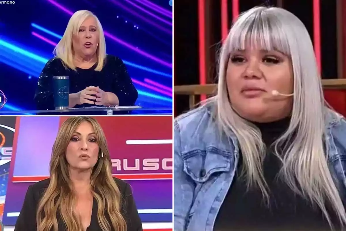 Tres mujeres aparecen en un collage de imágenes, cada una en un entorno de estudio de televisión, con micrófonos y expresiones serias.