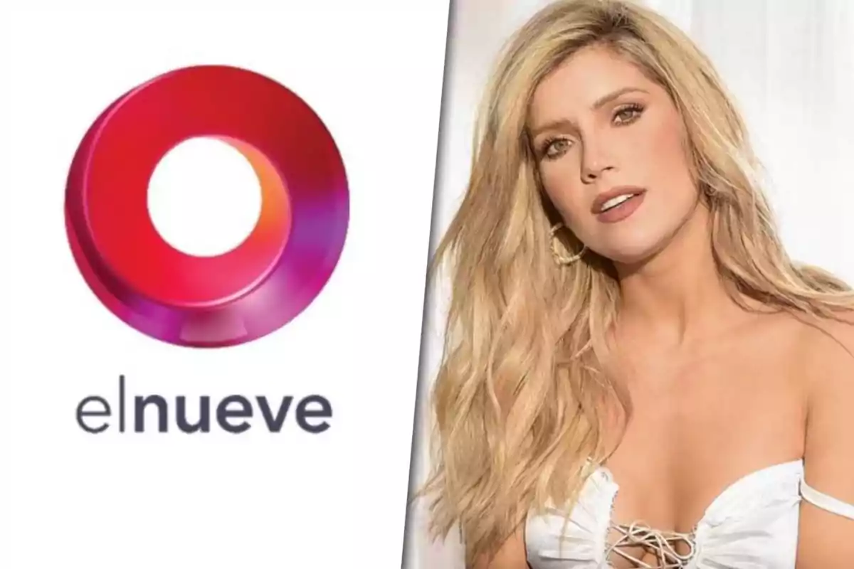 "elnueve" logo next to a blonde woman with loose hair and a white dress (Laurita Fernández).