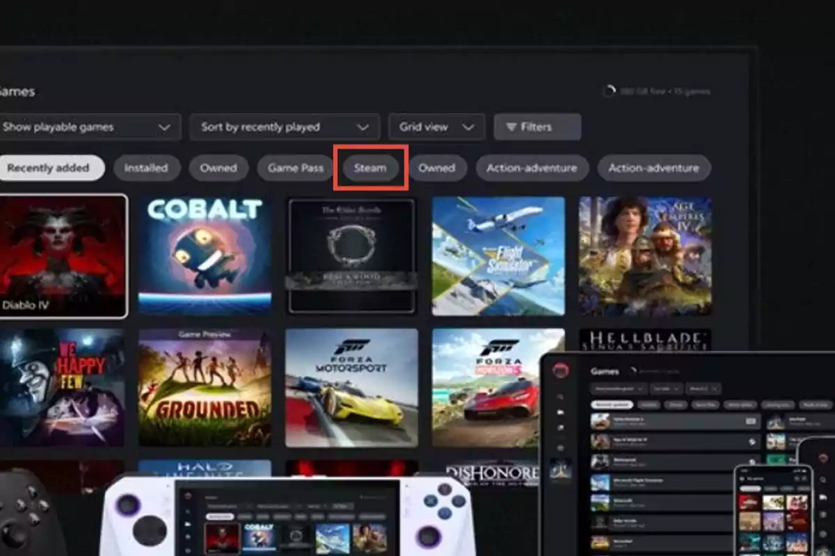 User interface of a gaming platform displaying a game library with filtering and viewing options, including popular titles and gaming devices. User interface of a gaming platform displaying a game library with filtering and viewing options, including popular titles and gaming devices.