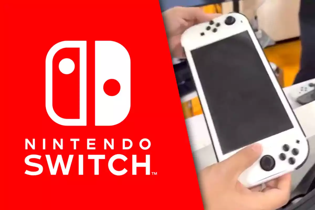 Persona sosteniendo una consola portátil blanca de Nintendo Switch junto al logotipo de Nintendo Switch sobre un fondo rojo.