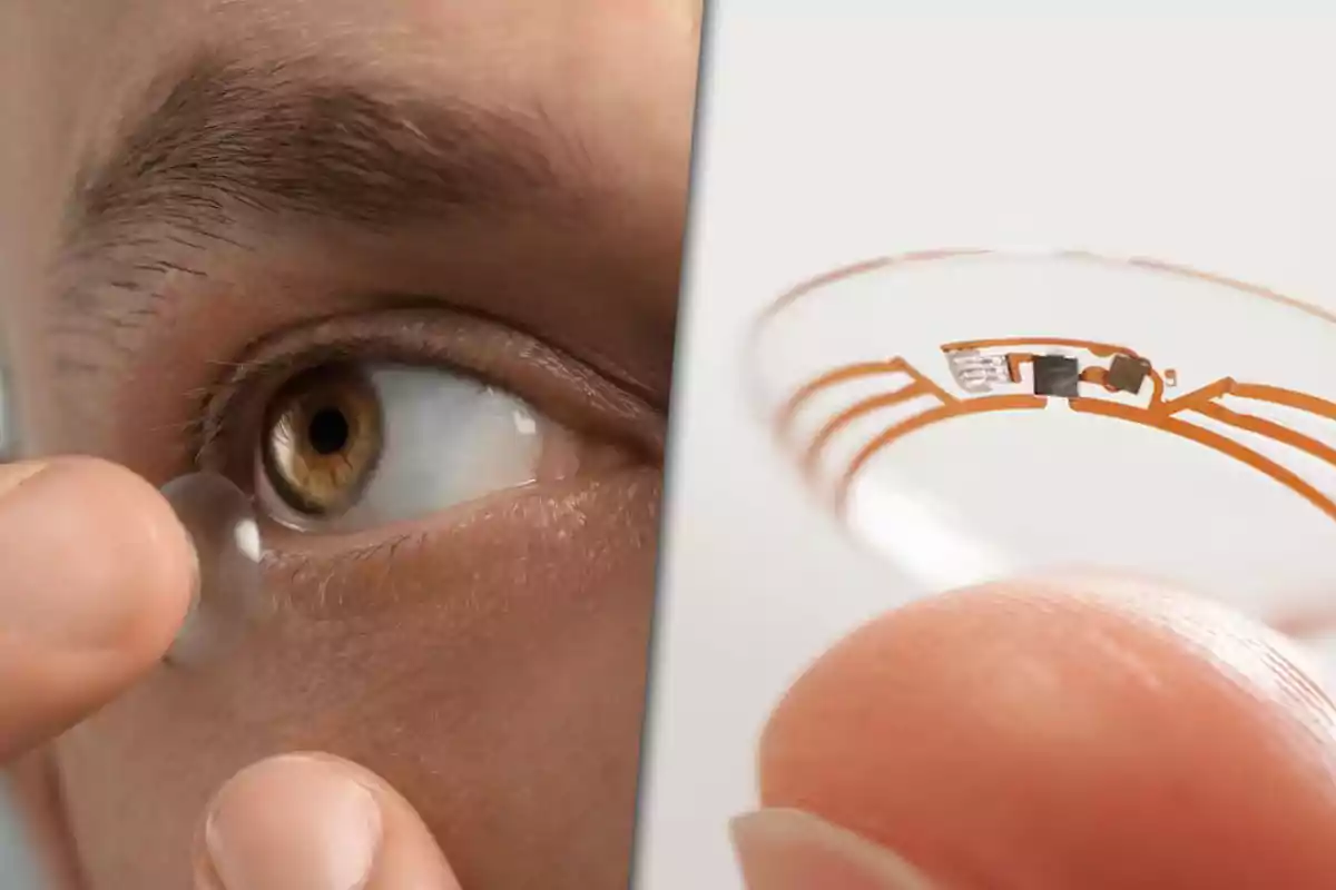Person placing a smart contact lens in their eye and a close-up of the lens showing integrated electronic circuits
