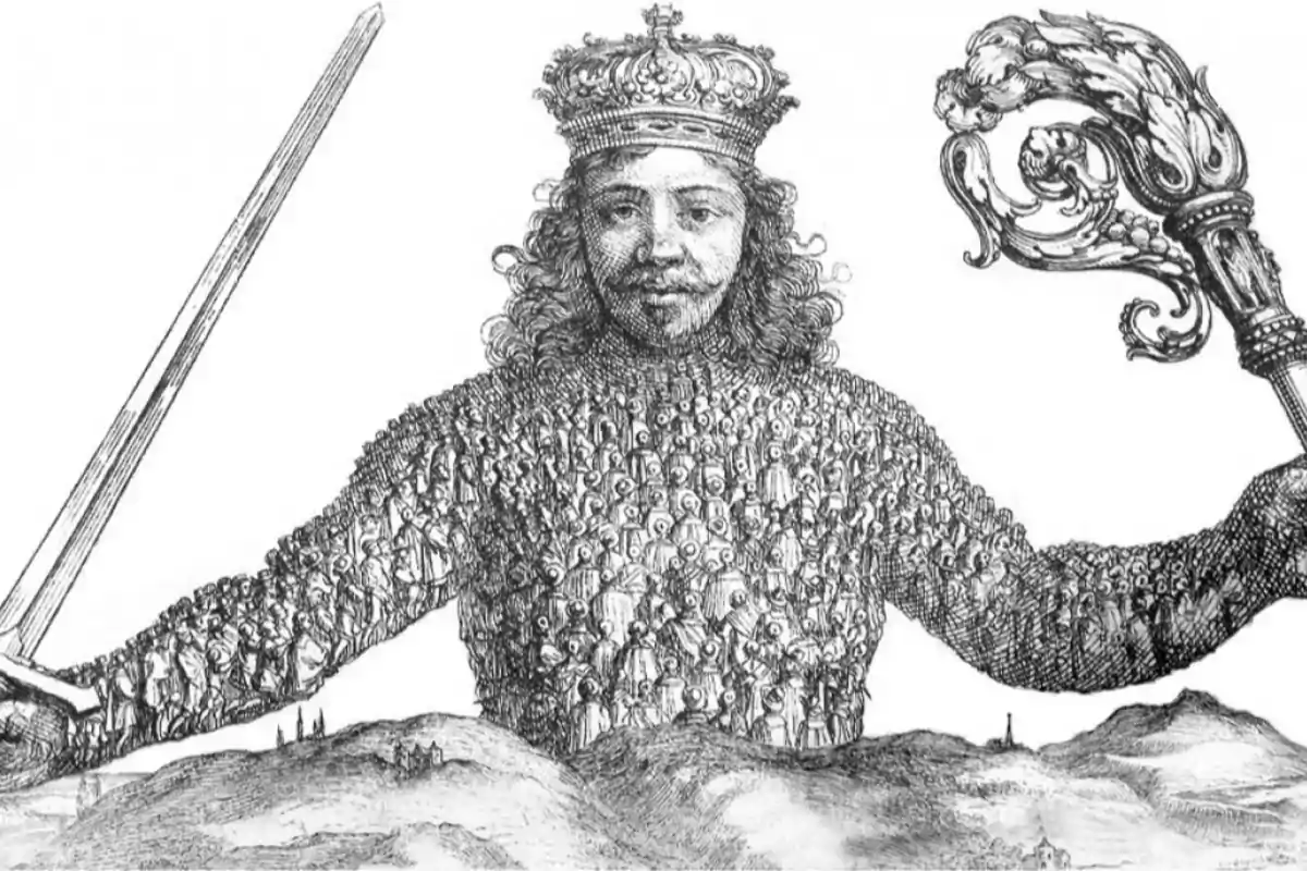 A black and white illustration of a crowned giant holding a sword and a scepter, with its body composed of many human figures.