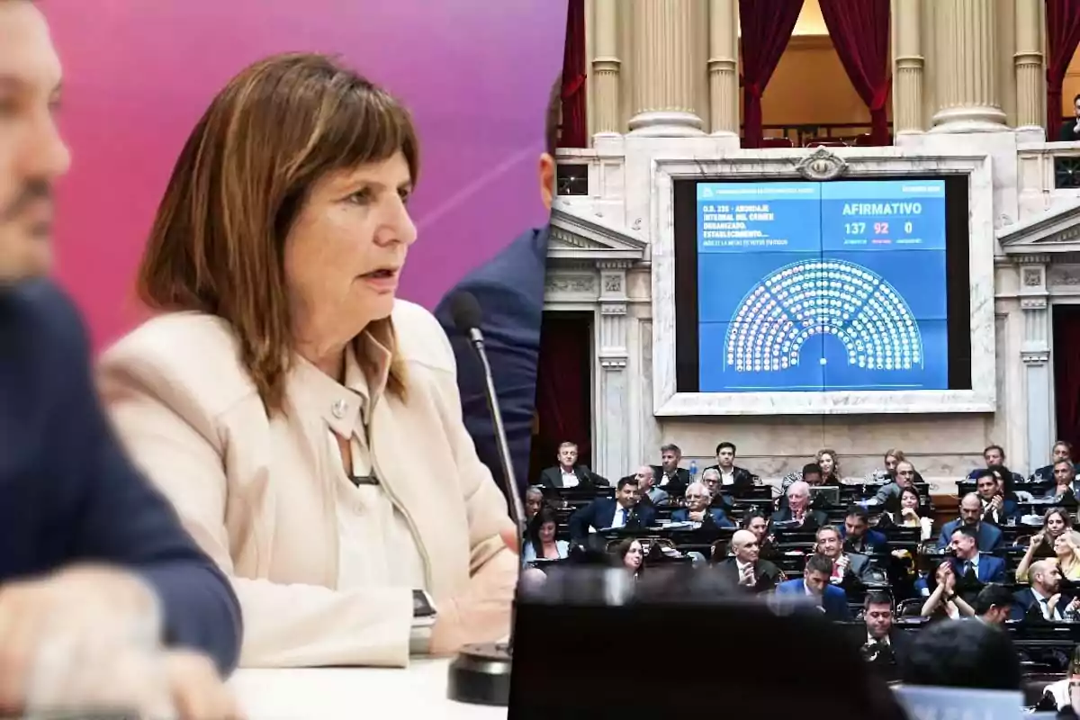 Patricia Bullrich en un micrófono en un entorno de conferencia junto a una imagen de una sesión parlamentaria con una pantalla mostrando resultados de votación.