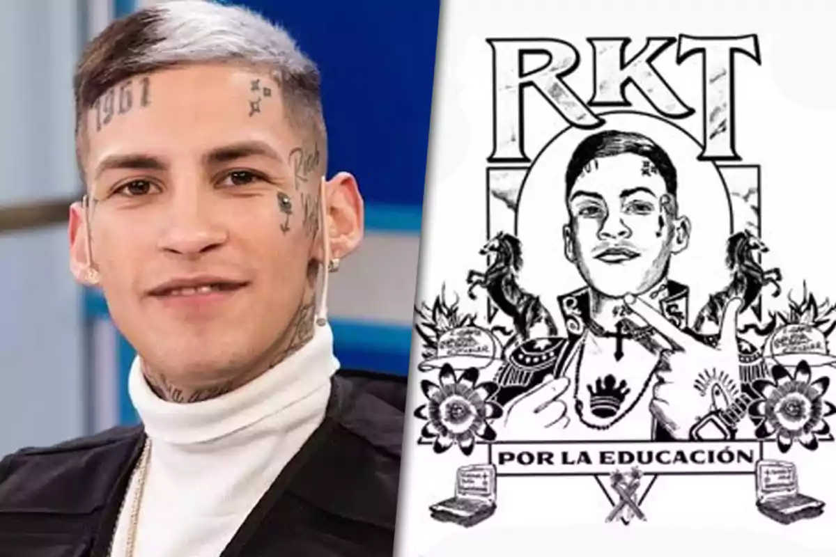 Un hombre con tatuajes en el rostro y cabello bicolor aparece junto a una ilustración en blanco y negro que lo representa, con el texto "RKT por la educación" y elementos decorativos como flores y caballos.