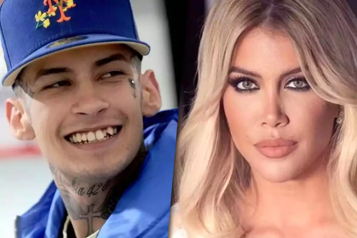Two people posing, one with a blue cap and facial tattoos, the other with blonde hair and striking makeup.