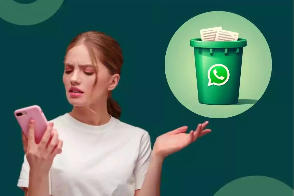 Una mujer con expresión de confusión mira su teléfono mientras un ícono de papelera con el logo de WhatsApp aparece al lado.