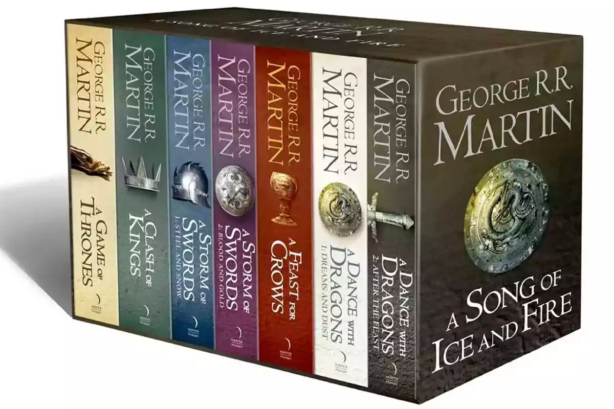 Box set of the A Song of Ice and Fire series by George R.R. Martin with all seven volumes lined up showing their covers and spines Box set of the A Song of Ice and Fire series by George R.R. Martin with all seven volumes lined up showing their covers and spines