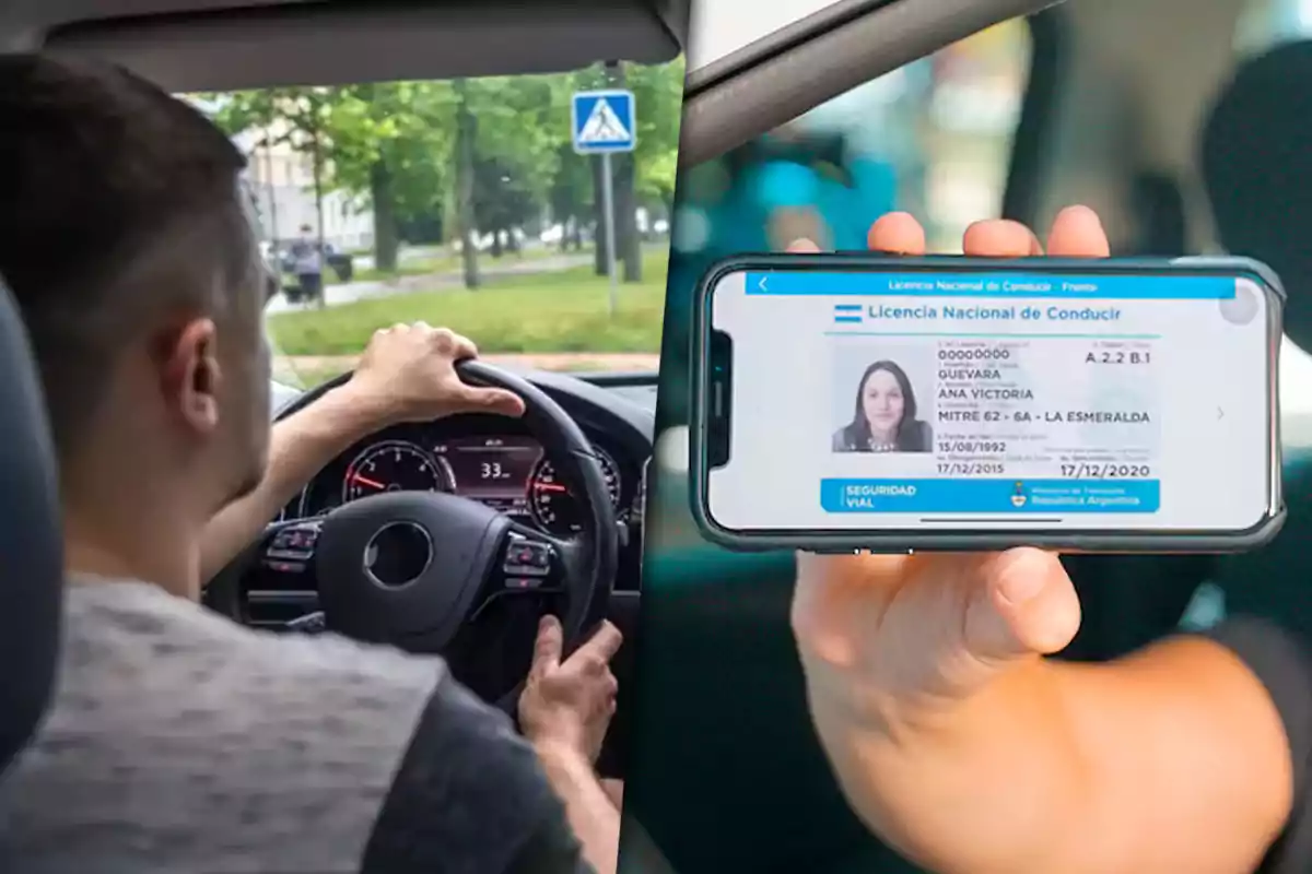 A man drives a car while holding a mobile phone displaying a digital driver's license.