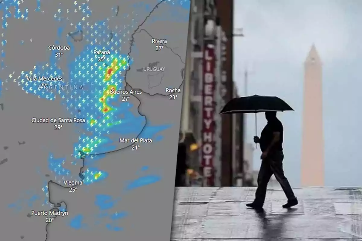 Mapa meteorológico de Argentina mostrando áreas de tormenta y temperaturas, junto a la imagen de una persona caminando con paraguas frente a un obelisco.