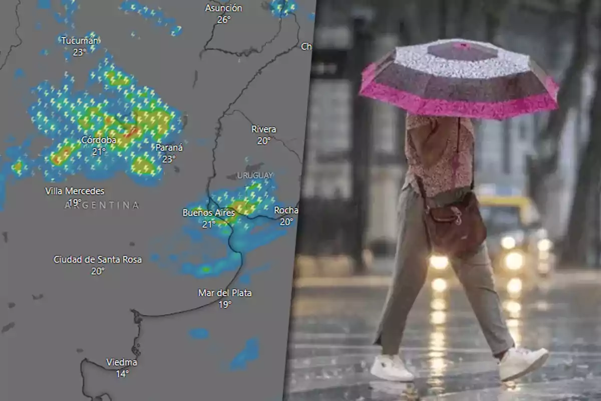 Mapa meteorológico de Argentina mostrando áreas de tormenta y temperaturas junto a una persona caminando bajo la lluvia con un paraguas.