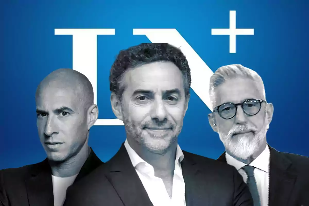 Trebucq, Majul y Pepe Gil Vidal en traje frente a un fondo azul con el logo de LN+.