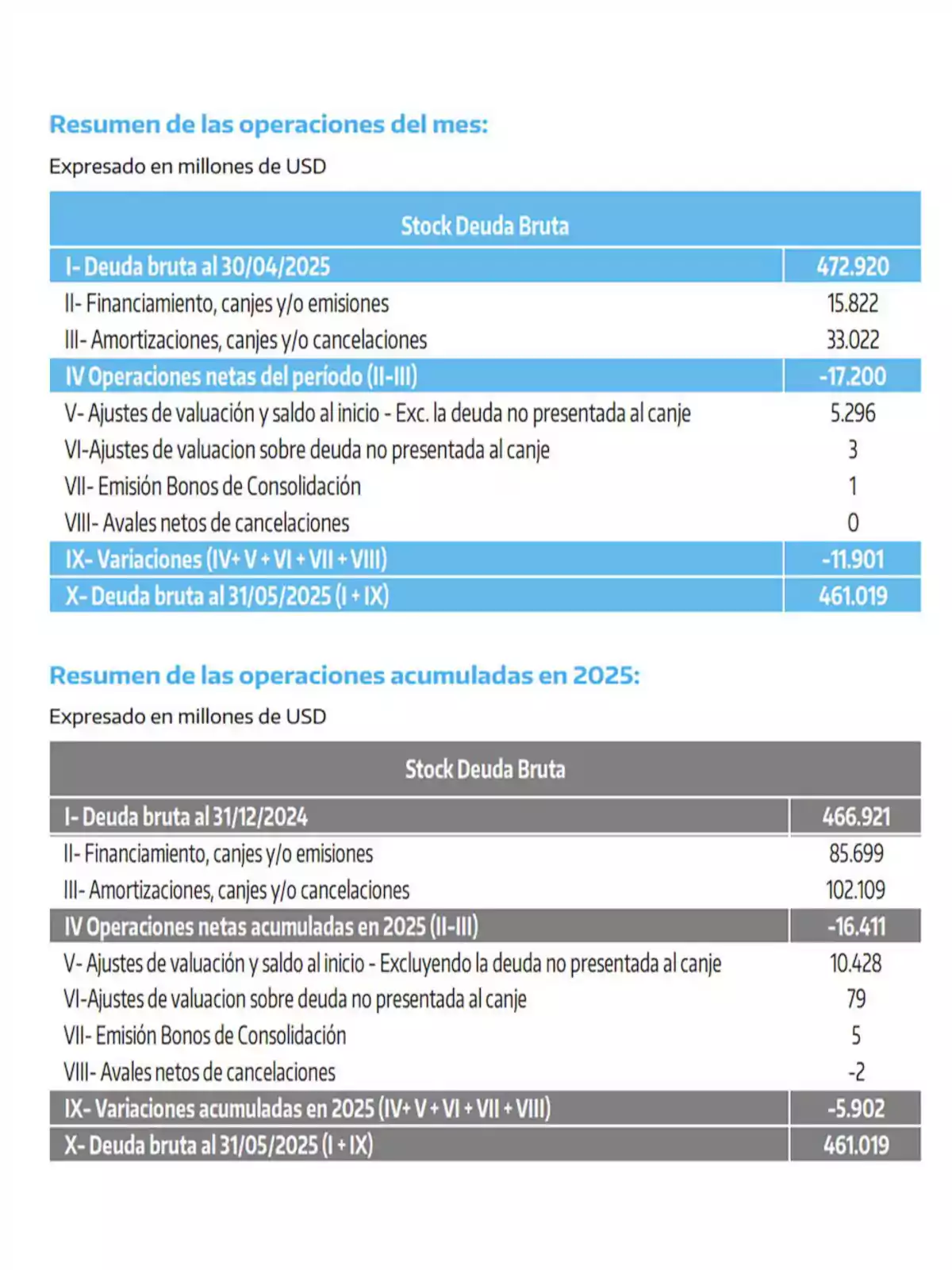 Table with a summary of monthly and accumulated gross debt operations in millions of dollars, showing figures for financing, amortizations, valuation adjustments, bond issuances, and guarantees, with corresponding totals and variations as of April 30 and May 31, 2025. Table with a summary of monthly and accumulated gross debt operations in millions of dollars, showing figures for financing, amortizations, valuation adjustments, bond issuances, and guarantees, with corresponding totals and variations as of April 30 and May 31, 2025.