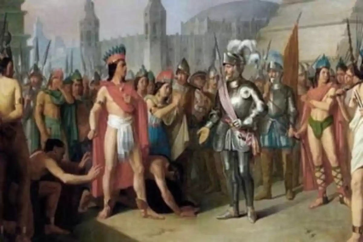 Una pintura que representa un encuentro entre un líder indígena y un conquistador europeo rodeados de sus respectivos seguidores.