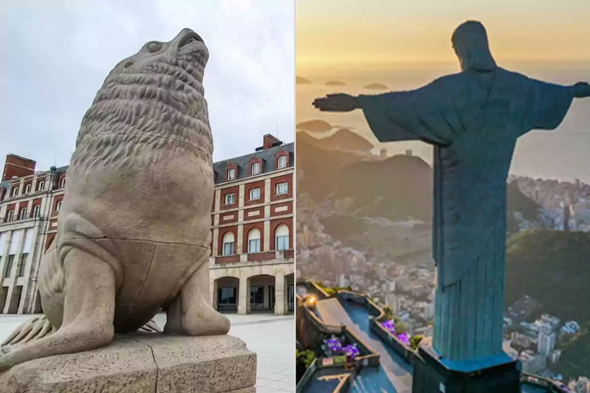 Una estatua de un lobo marino en una plaza de Mar del Plata junto a un edificio y la estatua del Cristo Redentor en Brasil con vista a la ciudad y el océano al atardecer, dos destinos elegidos por los argentinos para el verano 2025.