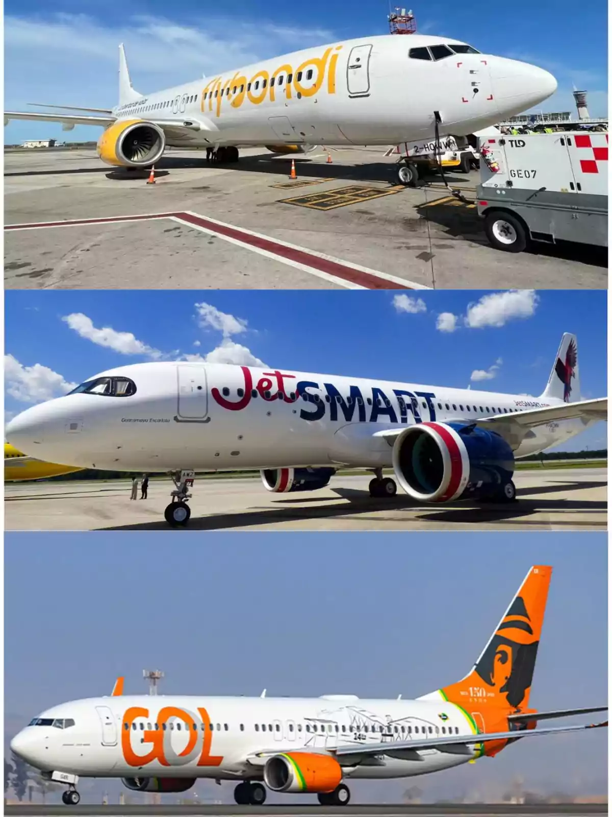 Three commercial airplanes from different Latin American airlines are parked on airport aprons, each with the distinctive colors and logos of Flybondi, JetSMART, and GOL. Three commercial airplanes from different Latin American airlines are parked on airport aprons, each with the distinctive colors and logos of Flybondi, JetSMART, and GOL.
