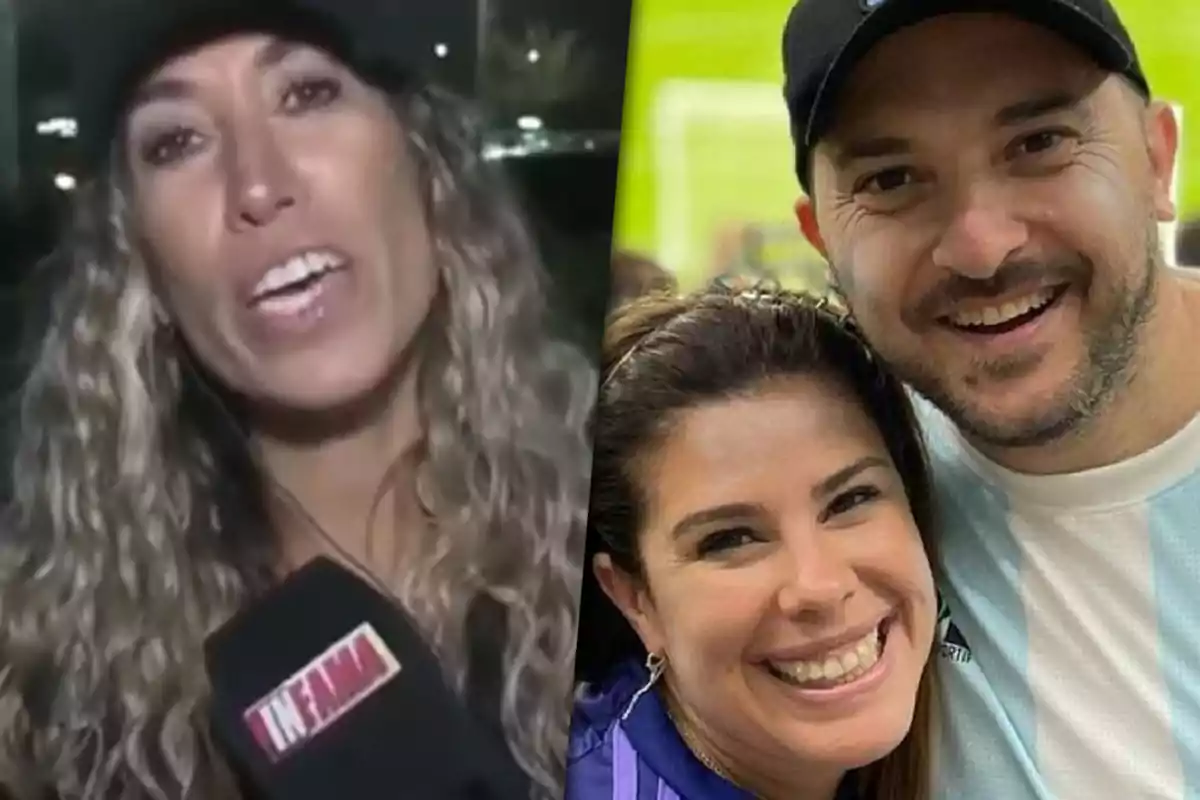 Una mujer con micrófono de un programa de televisión y una pareja sonriente posando para la cámara.