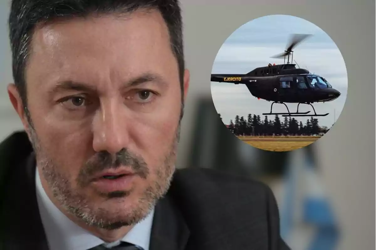 El ministro de defensa Luis Petri junto a un recuadro con un helicoptero del ejercito argentino