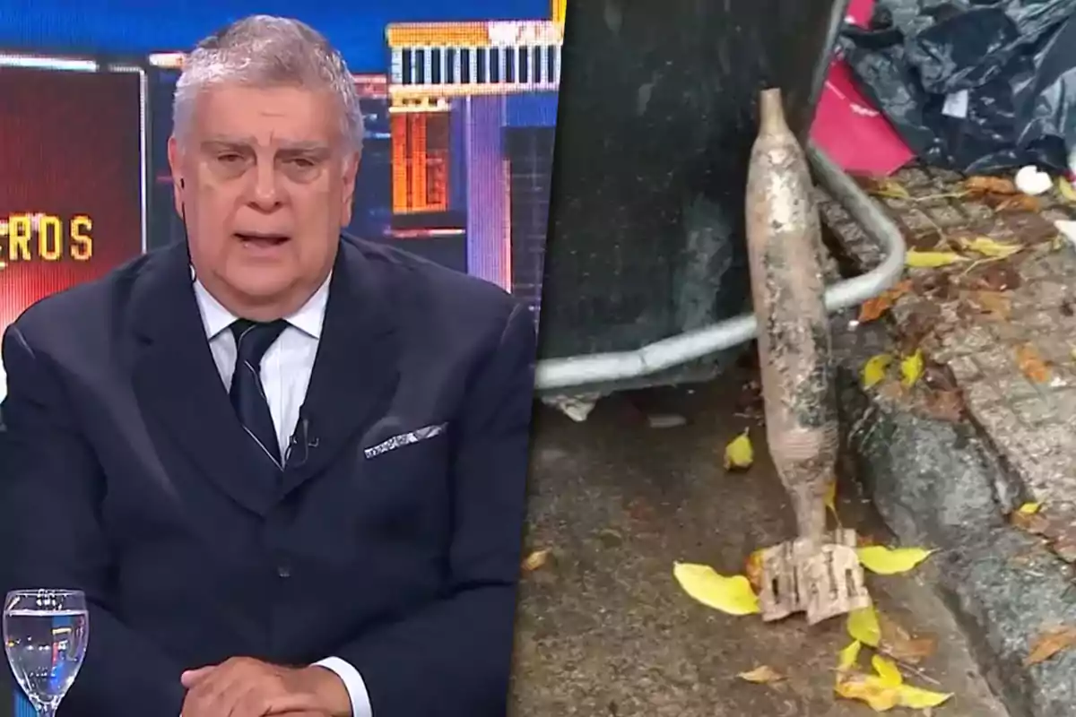 Un hombre en traje oscuro aparece en un estudio de televisión junto a la imagen de un objeto metálico oxidado apoyado en un contenedor de basura en la calle.