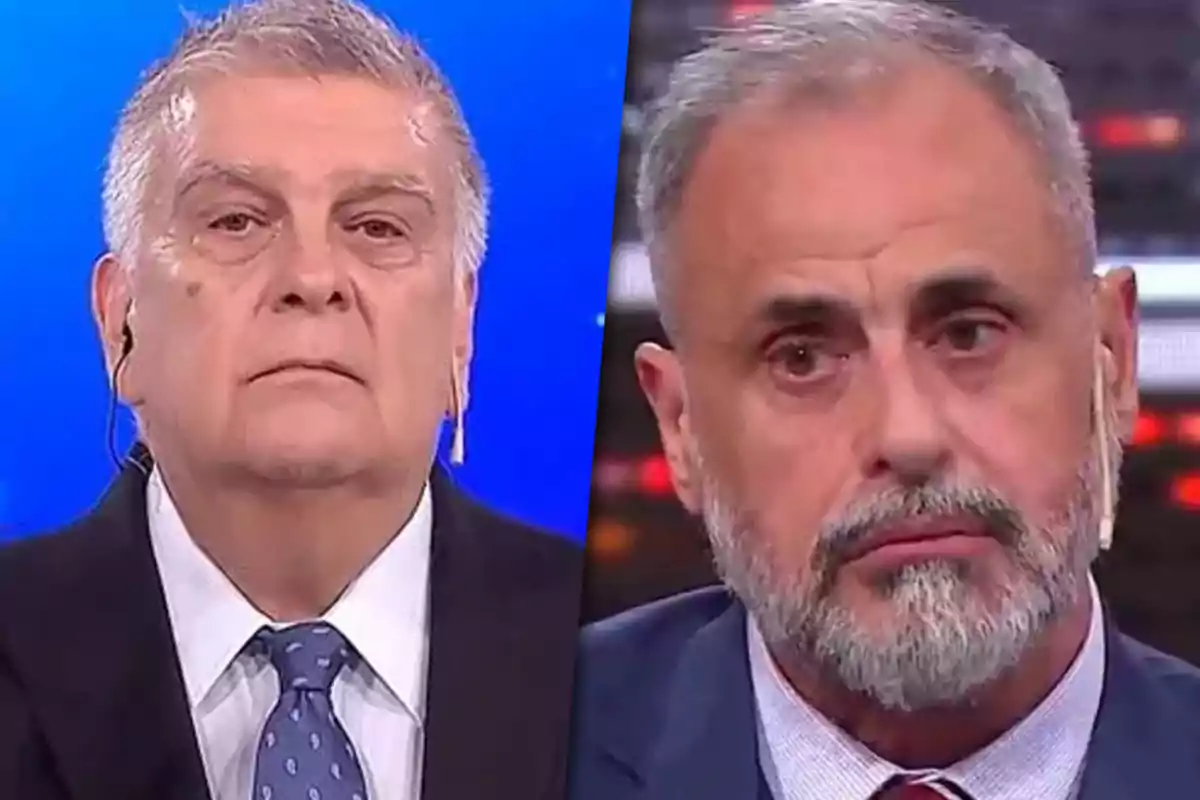 Two men in suits and ties appear in a split image, both with serious expressions and wearing headphones.