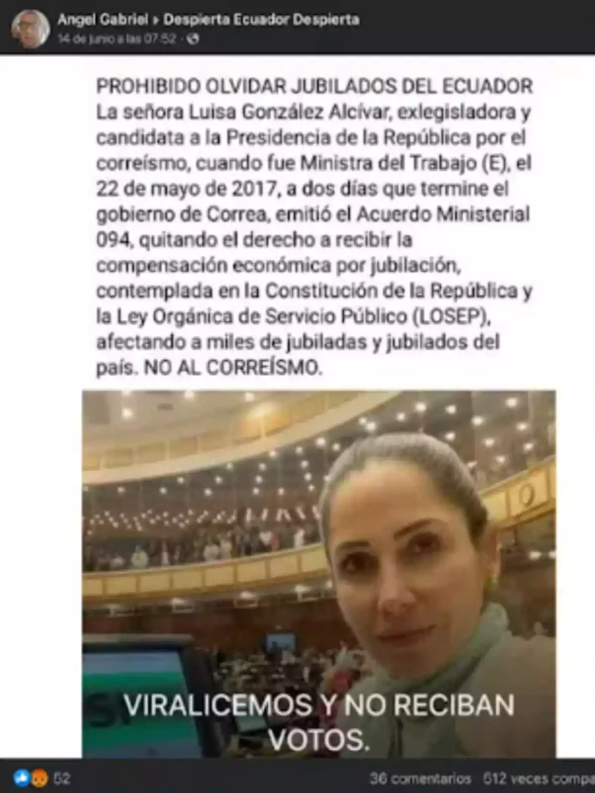 Imagen de una publicación en redes sociales que critica a una figura política por decisiones pasadas relacionadas con los derechos de jubilación en Ecuador, acompañada de una foto de una mujer en un entorno legislativo con el texto 