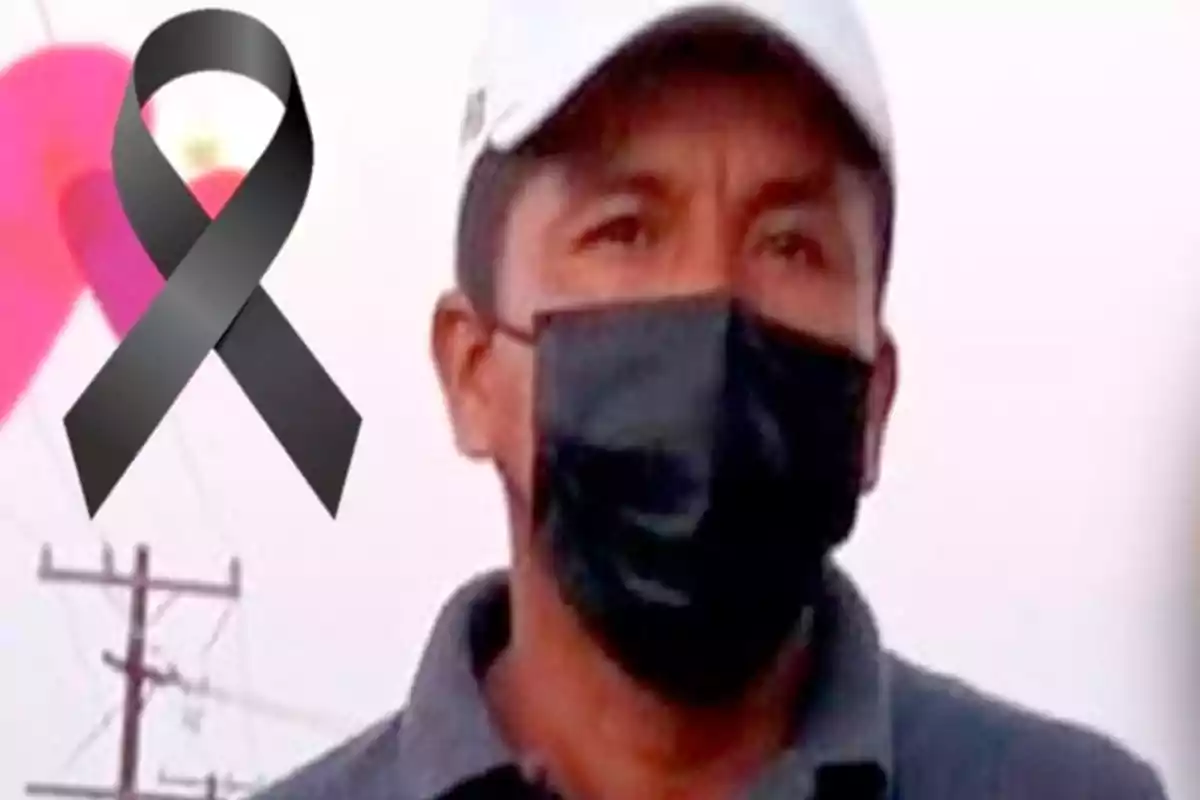 A man with a white cap and a black mask appears next to a black mourning ribbon on a light background.